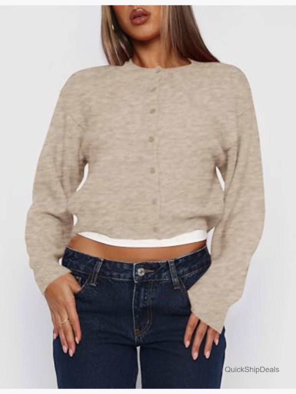 Lightweight Cropped Cardigan Sweater, Button Up Crew Neck Long Sleeve - Picture 2 of 6